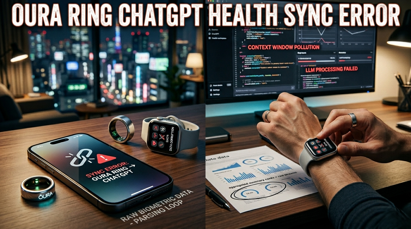 A split image showing an iPhone with a broken sync icon, an Oura ring, and an Apple Watch on a desk, next to a person interacting with their watch, illustrating an Oura Ring ChatGPT Health sync error.