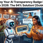 An engaging illustration showing a crowd demanding content disclosure with signs reading 94% Want Disclosure, alongside a creator presenting a glowing standard AI transparency badge HTML snippet next to WordPress functions.php code screens.