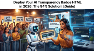 An engaging illustration showing a crowd demanding content disclosure with signs reading 94% Want Disclosure, alongside a creator presenting a glowing standard AI transparency badge HTML snippet next to WordPress functions.php code screens.