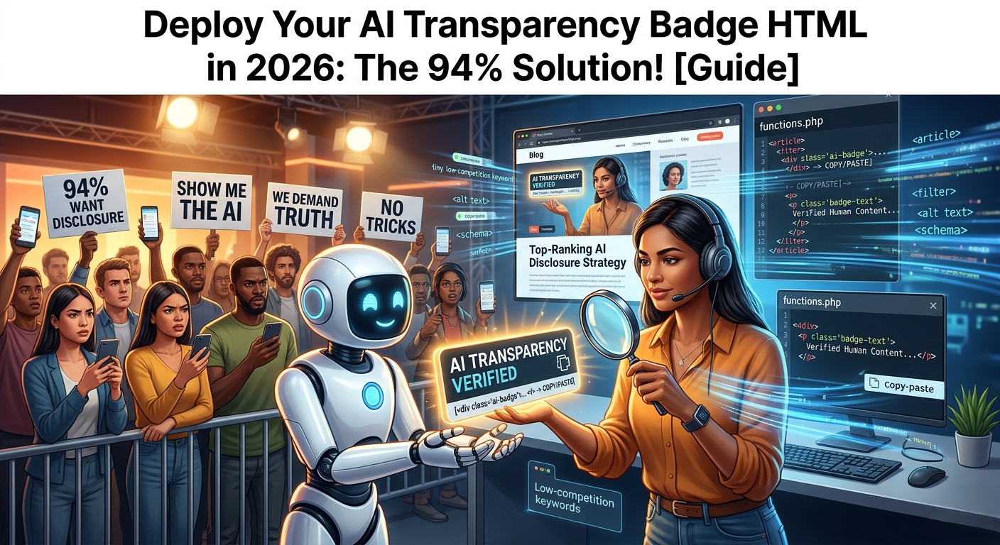 An engaging illustration showing a crowd demanding content disclosure with signs reading 94% Want Disclosure, alongside a creator presenting a glowing standard AI transparency badge HTML snippet next to WordPress functions.php code screens.