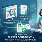 A professional visual infographic detailing three clear methods (Payslips, Form 26AS, AIS Reconciliation) to file ITR without Form 16 for AY 2026-27, designed to avoid automated AIS mismatch notices.