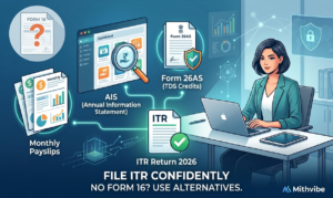 A professional visual infographic detailing three clear methods (Payslips, Form 26AS, AIS Reconciliation) to file ITR without Form 16 for AY 2026-27, designed to avoid automated AIS mismatch notices.