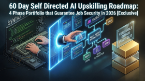 An isometric illustration infographic titled '60 Day Self Directed AI Upskilling Roadmap' showing a developer transitioning from manual code on a 'Syntax Overhead' terminal to using AI tools Cursor and Claude Code via a portal for multi-agent automation to build a verifiable GitHub portfolio for job security in 2026.