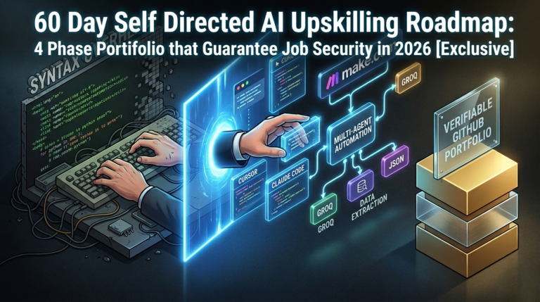 An isometric illustration infographic titled '60 Day Self Directed AI Upskilling Roadmap' showing a developer transitioning from manual code on a 'Syntax Overhead' terminal to using AI tools Cursor and Claude Code via a portal for multi-agent automation to build a verifiable GitHub portfolio for job security in 2026.