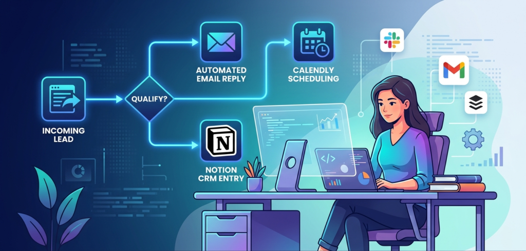 A vectorized illustration of a solopreneur's automated lead management workflow, featuring decision logic, CRM entry into Notion, and automated scheduling with Calendly.