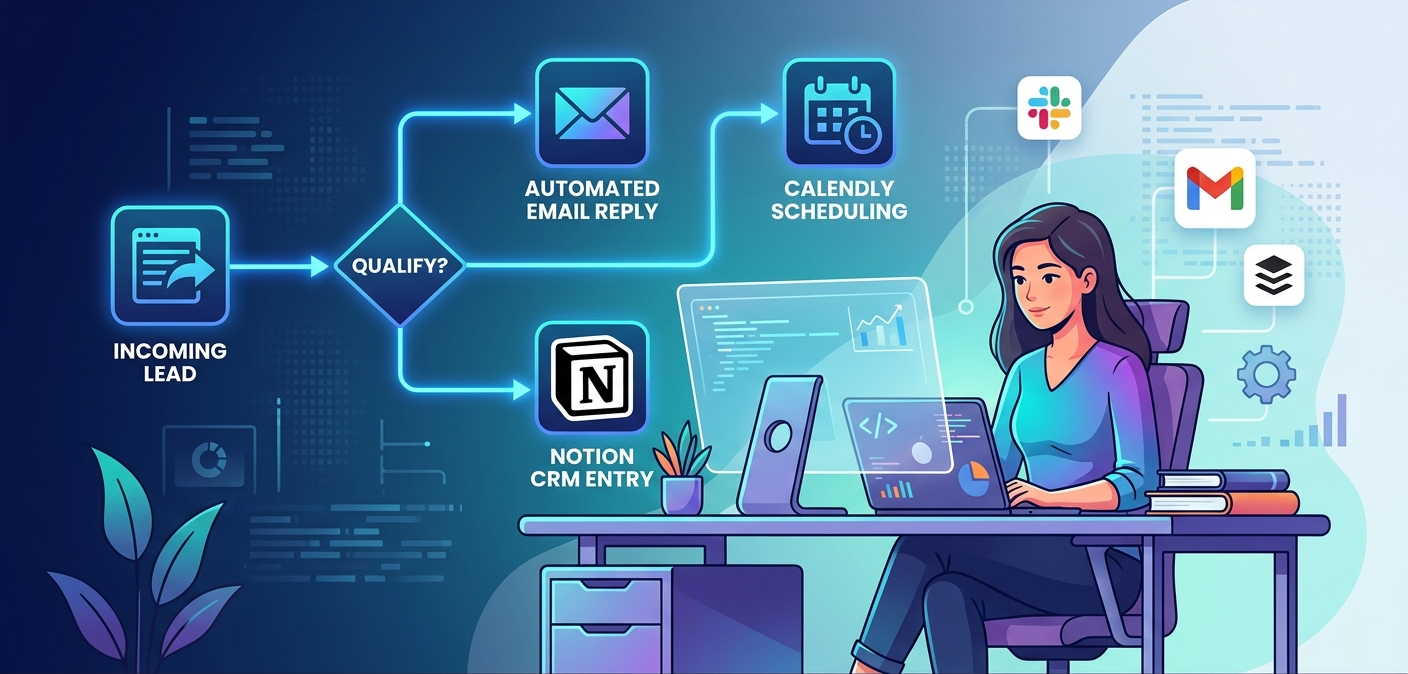 A vectorized illustration of a solopreneur's automated lead management workflow, featuring decision logic, CRM entry into Notion, and automated scheduling with Calendly.