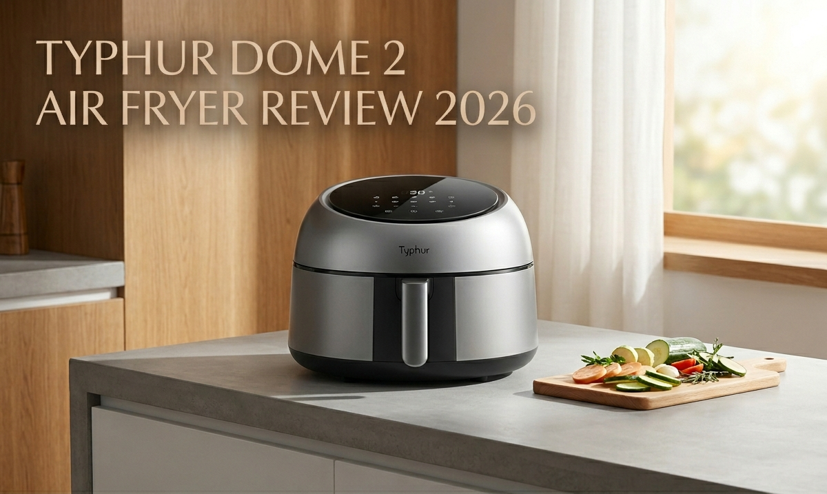 A product photograph of the unique dome-shaped Typhur Dome 2 Air Fryer, in silver and black, sitting on a modern grey concrete countertop in a well-lit kitchen next to a wooden cutting board with sliced vegetables. A stylized gold text overlay in the upper left corner reads