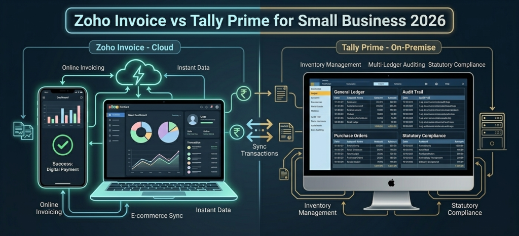A detailed infographic comparing Zoho Invoice (Cloud Accounting) and Tally Prime (On-Premise Ledger) for small businesses in 2026. The left side (blue neon) shows a Zoho Cloud Dashboard on a laptop and phone with charts and digital payment success. The right side (gold glow) features a Tally On-Premise Monitor with an Audit Log and transaction lists, surrounded by gears, books, and safes.