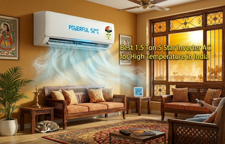 A thermal heat map layout displaying the best 1.5 ton 5 star inverter ac for high temperature in india cooling a modern living room perfectly.