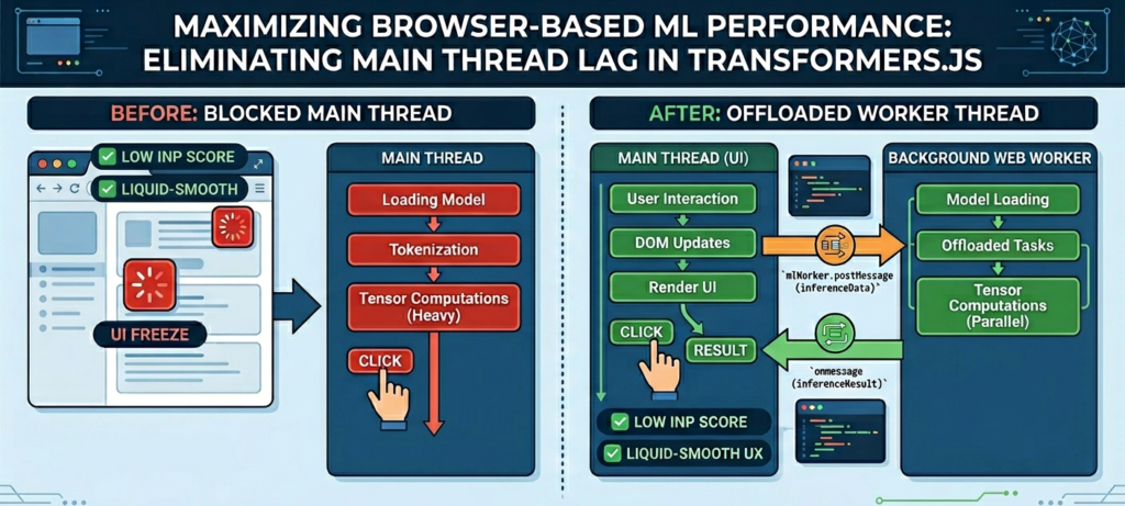 Infographic demonstrating how to fix transformers.js browser main thread lag by offloading tensor computations to a background Web Worker.