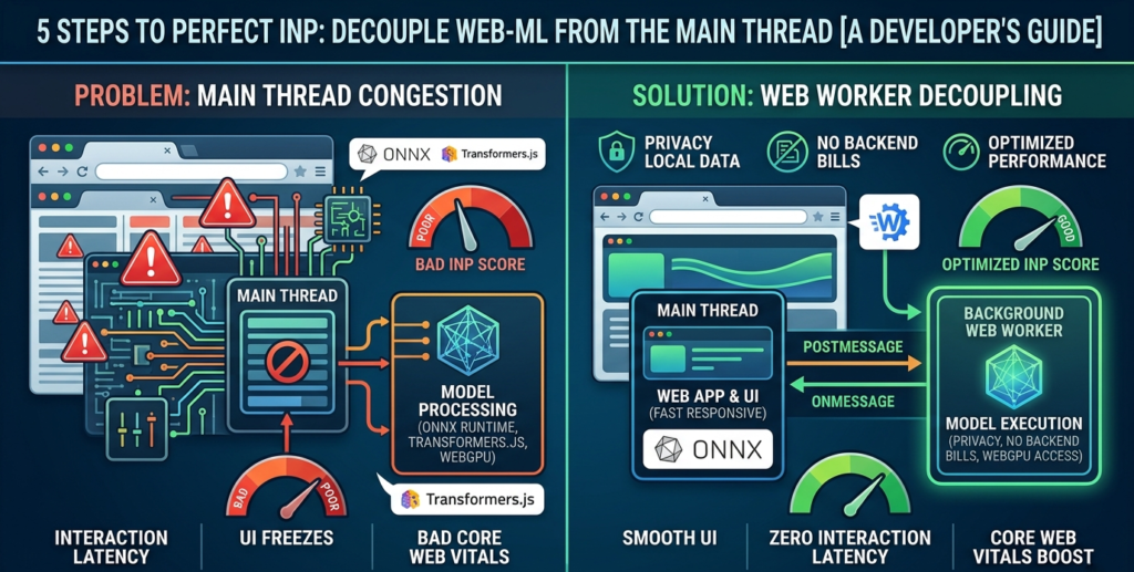 Infographic displaying how to resolve transformers.js browser main thread lag by offloading model processing to a background Web Worker thread.
