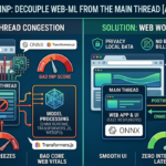 Infographic displaying how to resolve transformers.js browser main thread lag by offloading model processing to a background Web Worker thread.