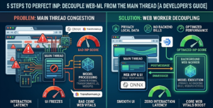 Infographic displaying how to resolve transformers.js browser main thread lag by offloading model processing to a background Web Worker thread.