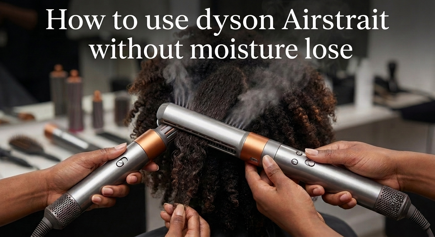 A detailed close-up photograph in a salon setting of a person wearing black gloves using a copper and silver Dyson Airstrait hair styling tool on a section of coily, dark textured hair. The tool is actively clamping the hair, which is coiling inside the tool's end, and a plume of visible steam is rising. A loose curl is forming below the tool. The background is a blurred salon counter with other products and tools. Prominent white text overlay at the top of the image reads, 