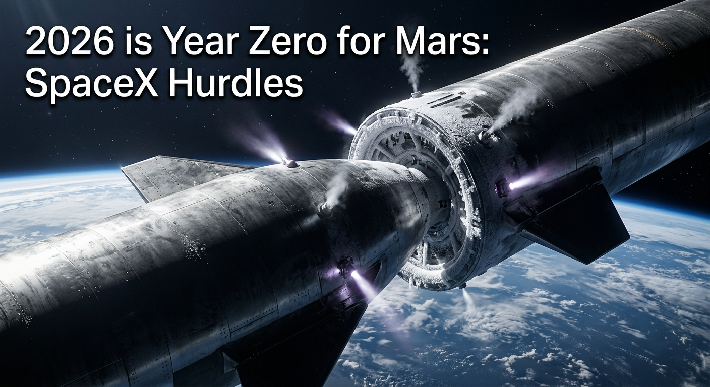 Two silver stainless-steel rockets executing spacex starship refueling for mars, docked back-to-back in low Earth orbit over the glowing blue curvature of Earth with visible cryogenic frost and pulsing RCS thrusters.