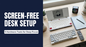 Minimalist screen-free desk setup split banner for a blog post card. Left side: Bold white text on deep navy background reads 