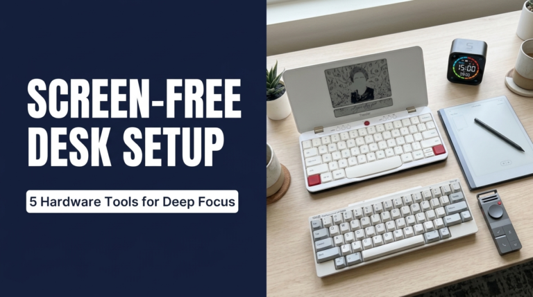 Minimalist screen-free desk setup split banner for a blog post card. Left side: Bold white text on deep navy background reads 