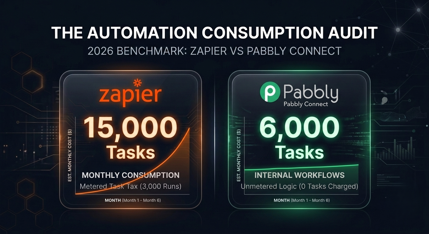A side-by-side comparison infographic for an automation consumption audit, benchmarked in 2026. The main title is 