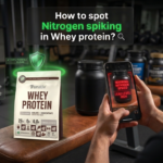 A phone scanning a protein tub showing a nitrogen spiked warning next to verified clean TruNativ whey protein