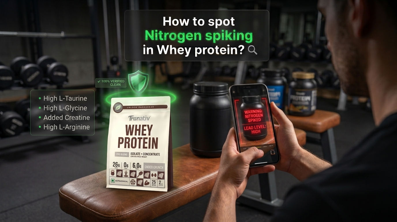 A phone scanning a protein tub showing a nitrogen spiked warning next to verified clean TruNativ whey protein